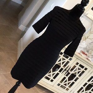 Adrianna Papell back zip black dress, half sleeves, sheer stripe above bust, 4